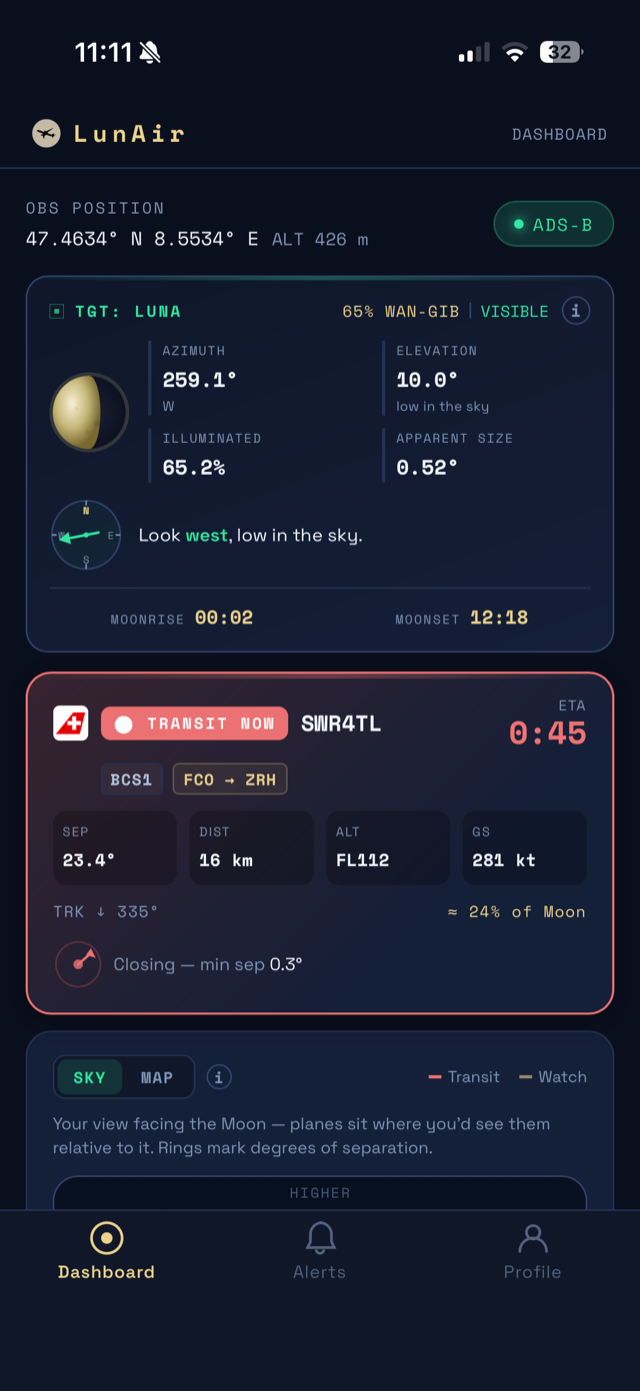 LunAir dashboard showing a live transit alert: Swiss flight SWR4TL about to cross the moon, minimum separation 0.3°