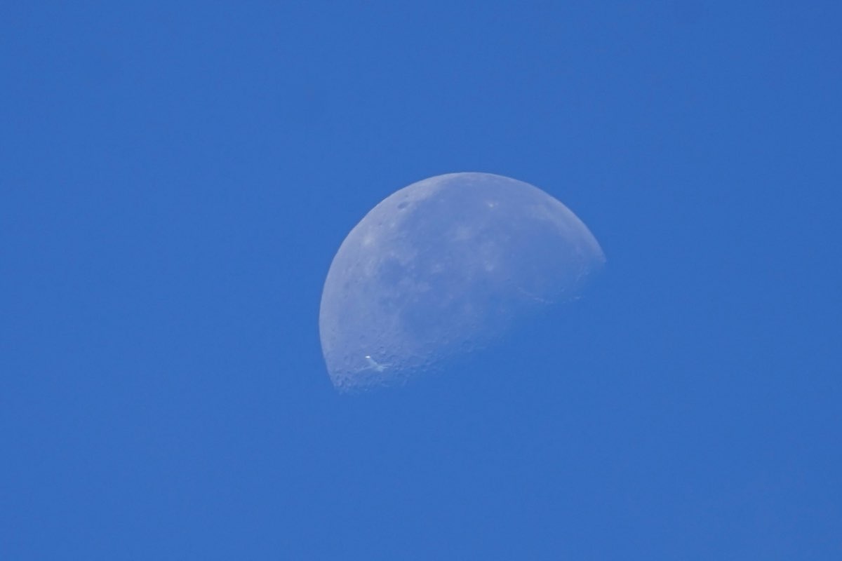 Airliner silhouetted against the lower-left edge of the daytime moon, a true on-disc transit